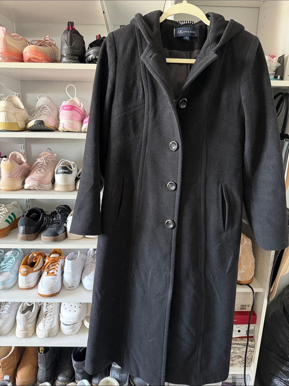 Anne Klein Black Hooded Wool-Blend Coat